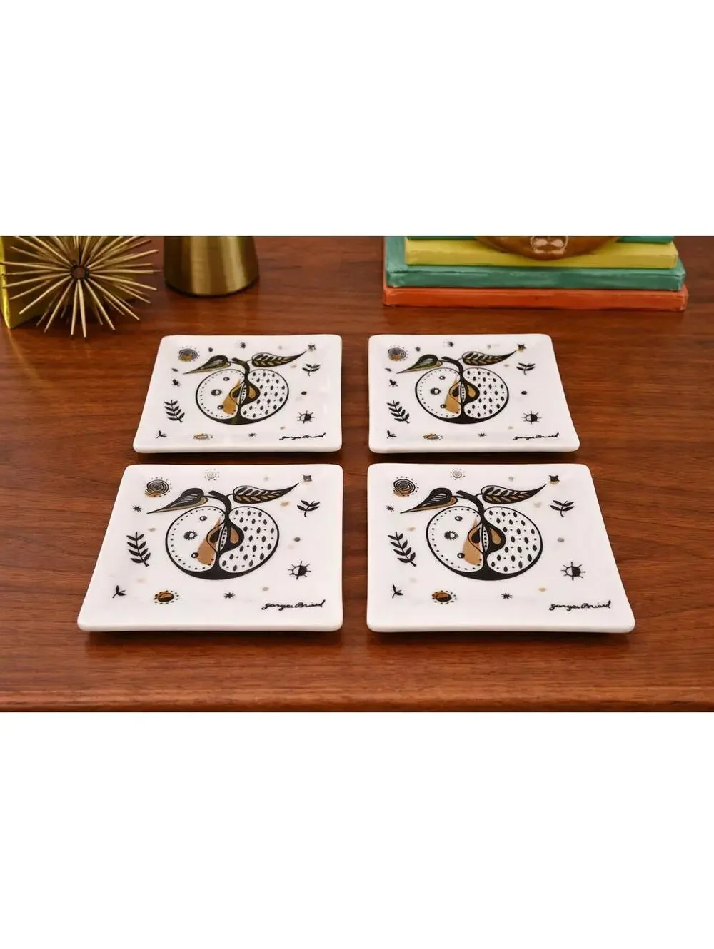 Georges Briard Forbidden Fruit 4 Piece Milk Glass Black Gold Apple Trinket Trays